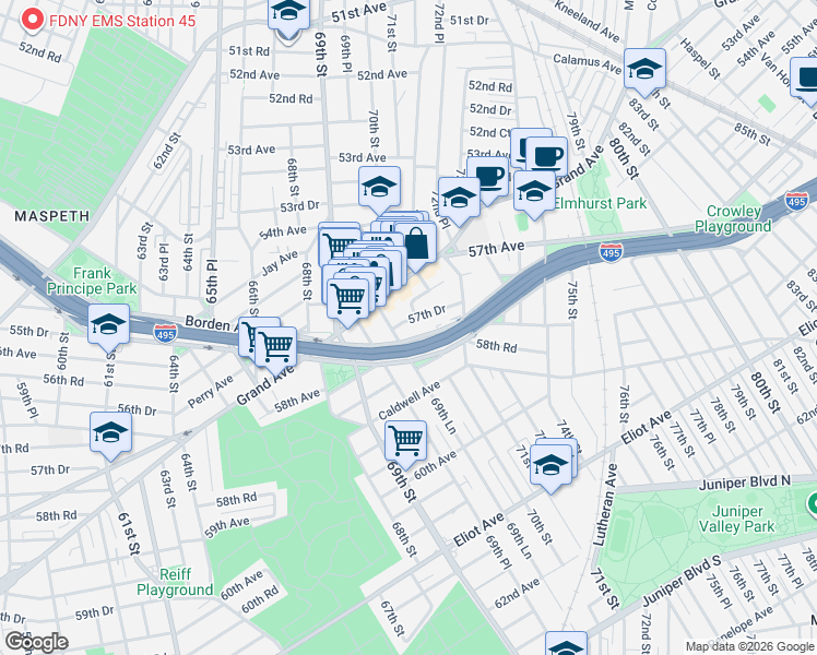 map of restaurants, bars, coffee shops, grocery stores, and more near 69-63 57th Drive in Queens