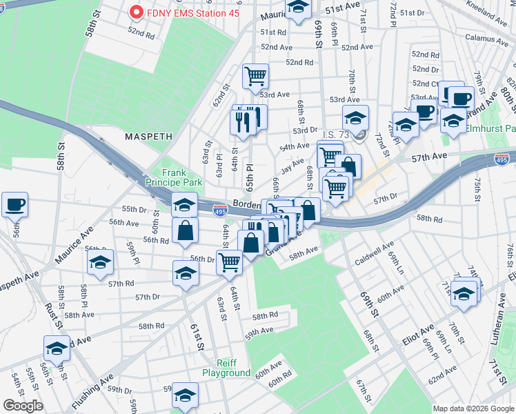 map of restaurants, bars, coffee shops, grocery stores, and more near in Queens