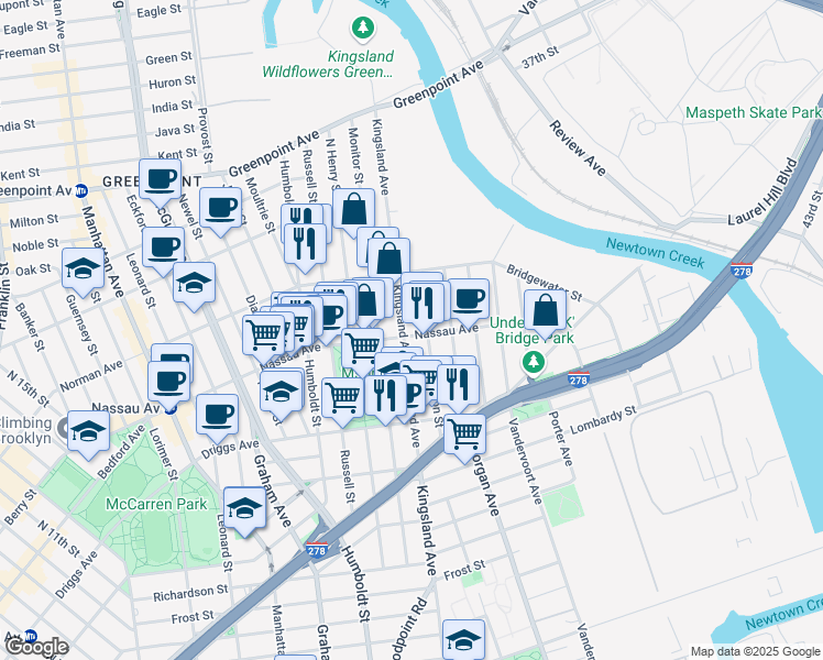 map of restaurants, bars, coffee shops, grocery stores, and more near 99 Sutton Street in Brooklyn
