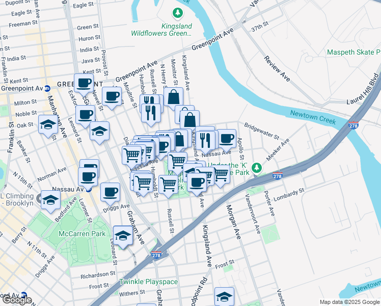map of restaurants, bars, coffee shops, grocery stores, and more near 202 Monitor Street in Brooklyn