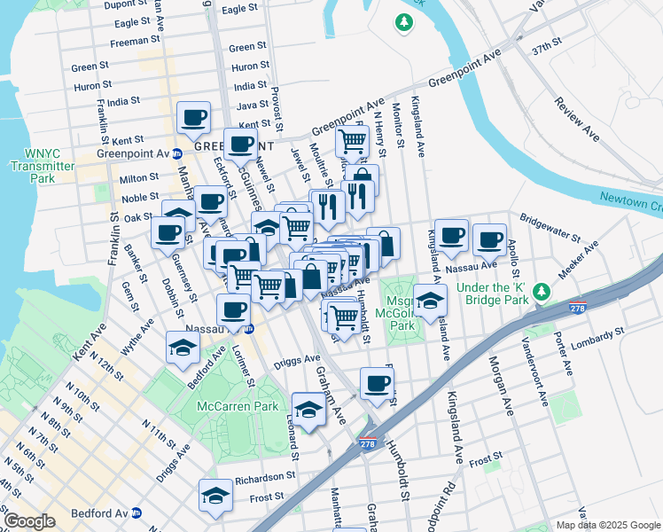 map of restaurants, bars, coffee shops, grocery stores, and more near 108A Diamond Street in Brooklyn
