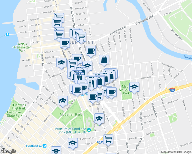 map of restaurants, bars, coffee shops, grocery stores, and more near 121 Newel Street in Brooklyn