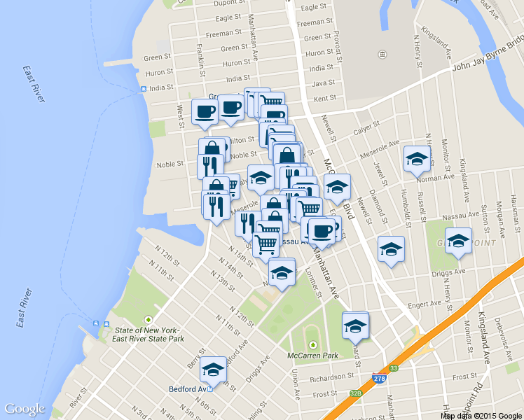 map of restaurants, bars, coffee shops, grocery stores, and more near 73 Meserole Avenue in Brooklyn
