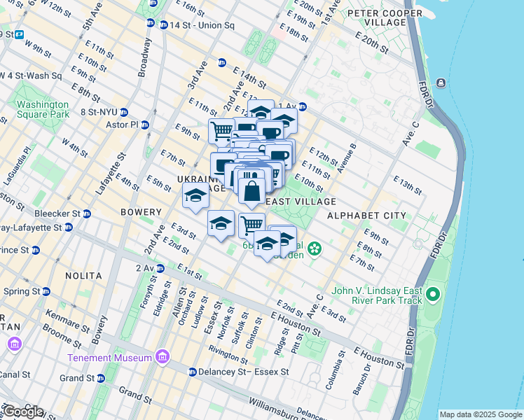 map of restaurants, bars, coffee shops, grocery stores, and more near 113 East 7th Street in New York