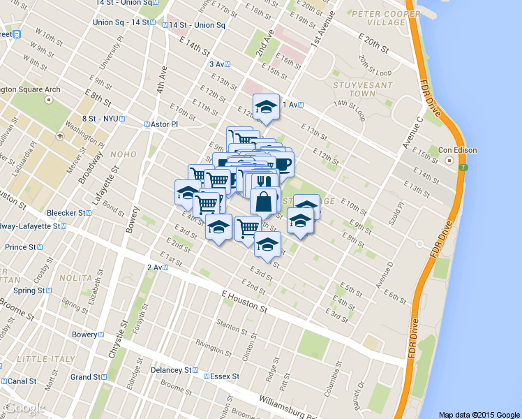 map of restaurants, bars, coffee shops, grocery stores, and more near 113 East 7th Street in New York