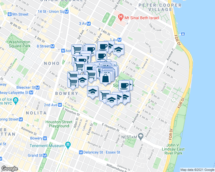 map of restaurants, bars, coffee shops, grocery stores, and more near 113 East 7th Street in New York