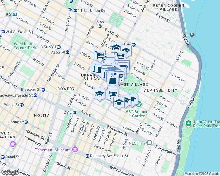 map of restaurants, bars, coffee shops, grocery stores, and more near 113 East 7th Street in New York