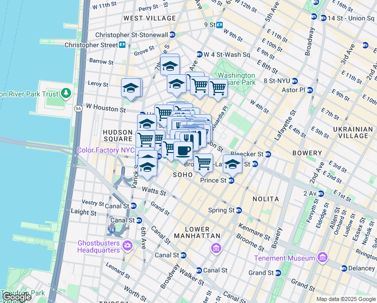map of restaurants, bars, coffee shops, grocery stores, and more near 155-159 Sullivan Street in New York