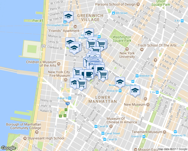 map of restaurants, bars, coffee shops, grocery stores, and more near 144 Sullivan Street in New York