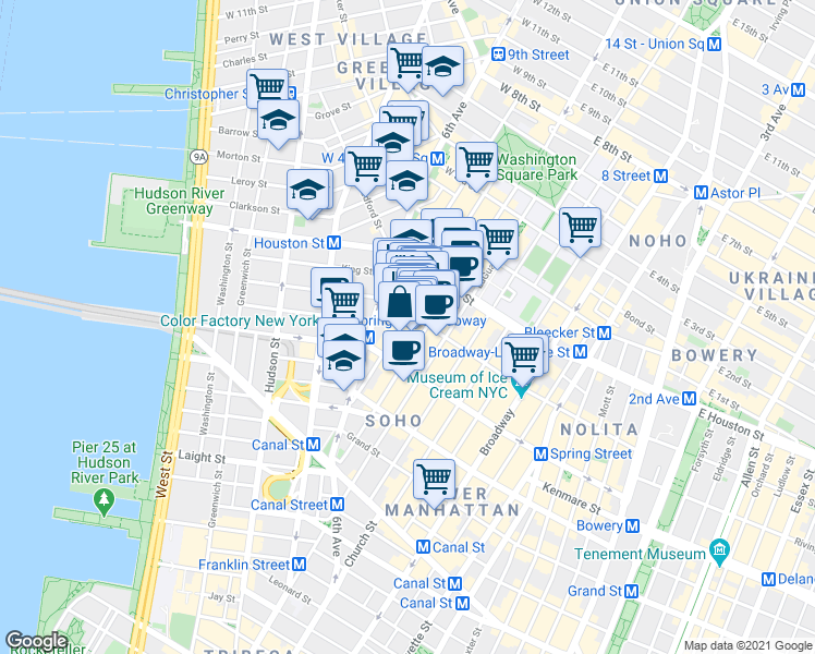 map of restaurants, bars, coffee shops, grocery stores, and more near 144 Sullivan Street in New York