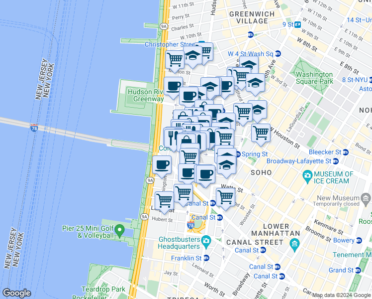 map of restaurants, bars, coffee shops, grocery stores, and more near 92 Vandam Street in New York