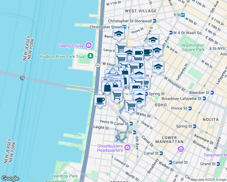map of restaurants, bars, coffee shops, grocery stores, and more near 92 Vandam Street in New York