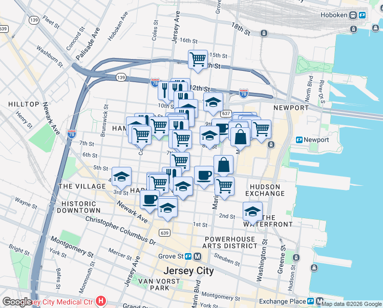 map of restaurants, bars, coffee shops, grocery stores, and more near in Jersey City