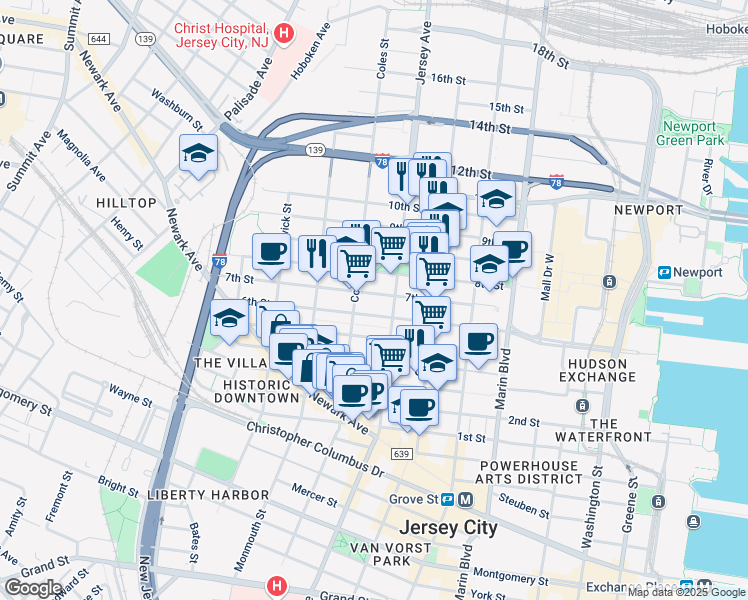 map of restaurants, bars, coffee shops, grocery stores, and more near 285 8th Street in Jersey City