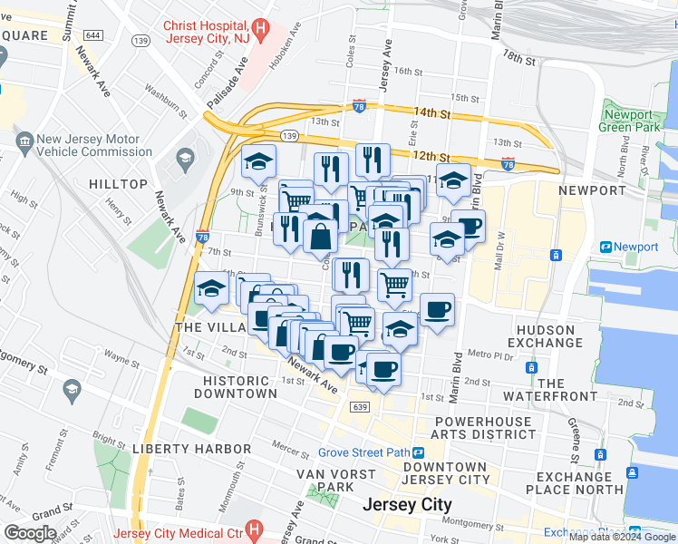 map of restaurants, bars, coffee shops, grocery stores, and more near 285 8th Street in Jersey City