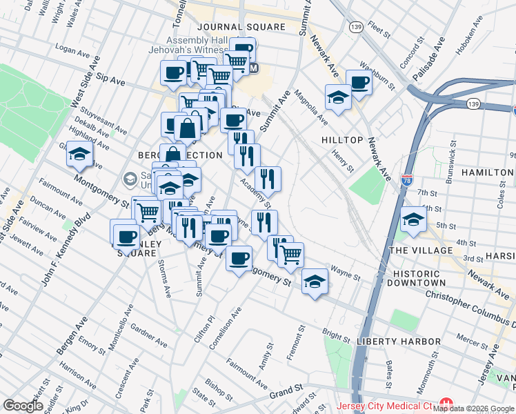 map of restaurants, bars, coffee shops, grocery stores, and more near 121 Baldwin Avenue in Jersey City