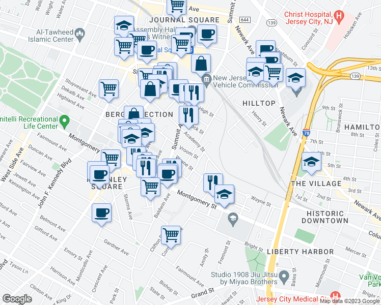 map of restaurants, bars, coffee shops, grocery stores, and more near 121 Baldwin Avenue in Jersey City
