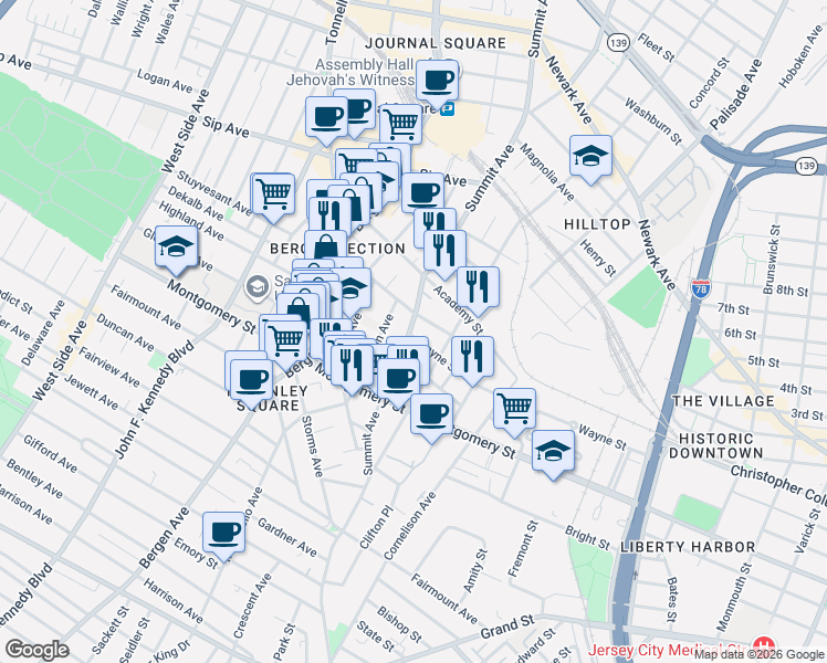 map of restaurants, bars, coffee shops, grocery stores, and more near 325 Summit Avenue in Jersey City
