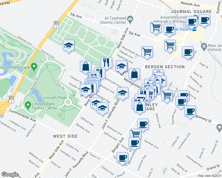 map of restaurants, bars, coffee shops, grocery stores, and more near 413 Fairmount Avenue in Jersey City