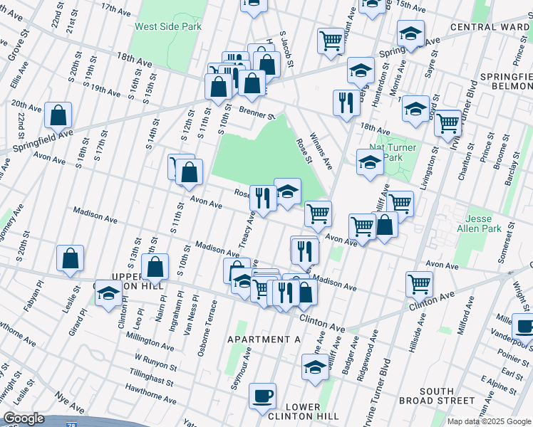 map of restaurants, bars, coffee shops, grocery stores, and more near 56 Rose Terrace in Newark