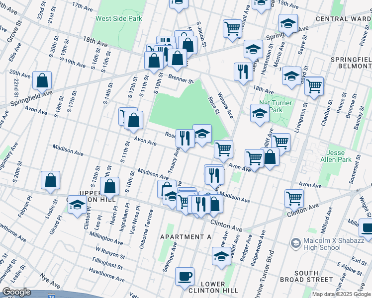map of restaurants, bars, coffee shops, grocery stores, and more near 56 Rose Terrace in Newark