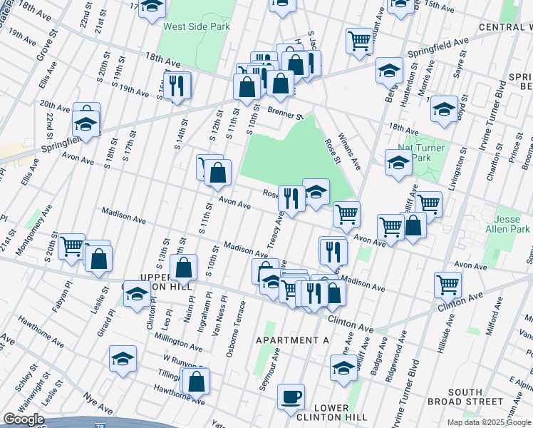 map of restaurants, bars, coffee shops, grocery stores, and more near 297 Avon Avenue in Newark