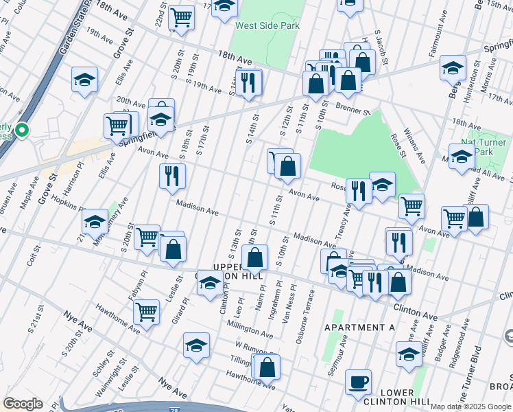 map of restaurants, bars, coffee shops, grocery stores, and more near in Newark