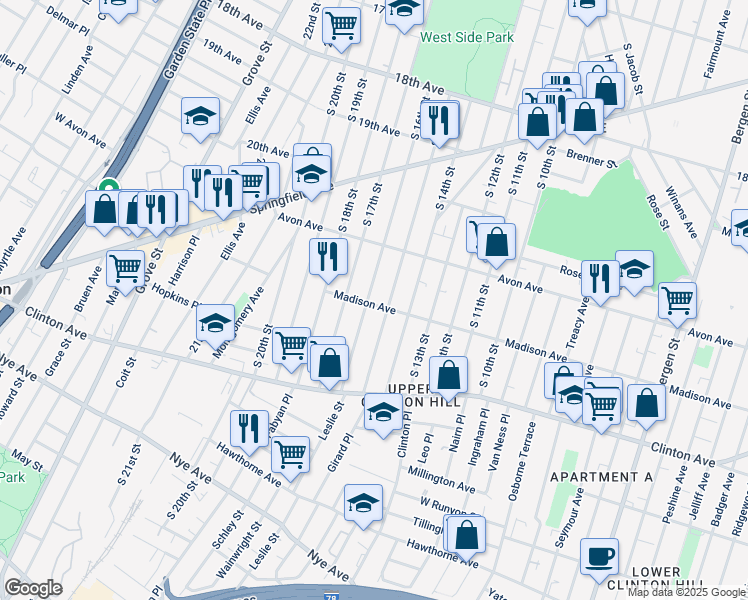 map of restaurants, bars, coffee shops, grocery stores, and more near 801 South 15th Street in Newark
