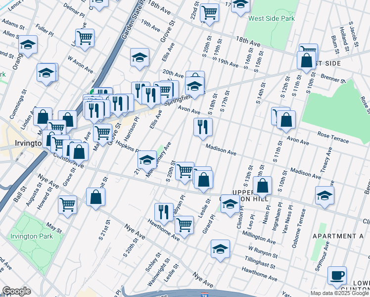 map of restaurants, bars, coffee shops, grocery stores, and more near 862 South 20th Street in Newark