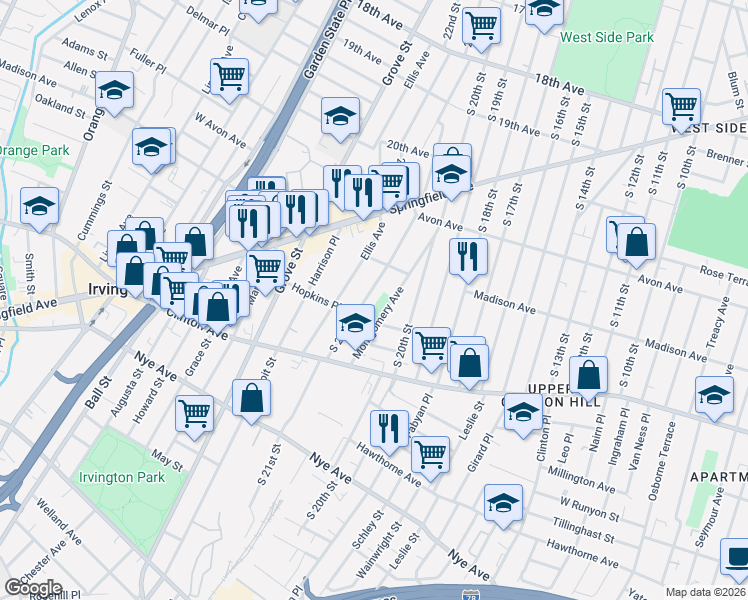 map of restaurants, bars, coffee shops, grocery stores, and more near 107 Montgomery Avenue in Irvington