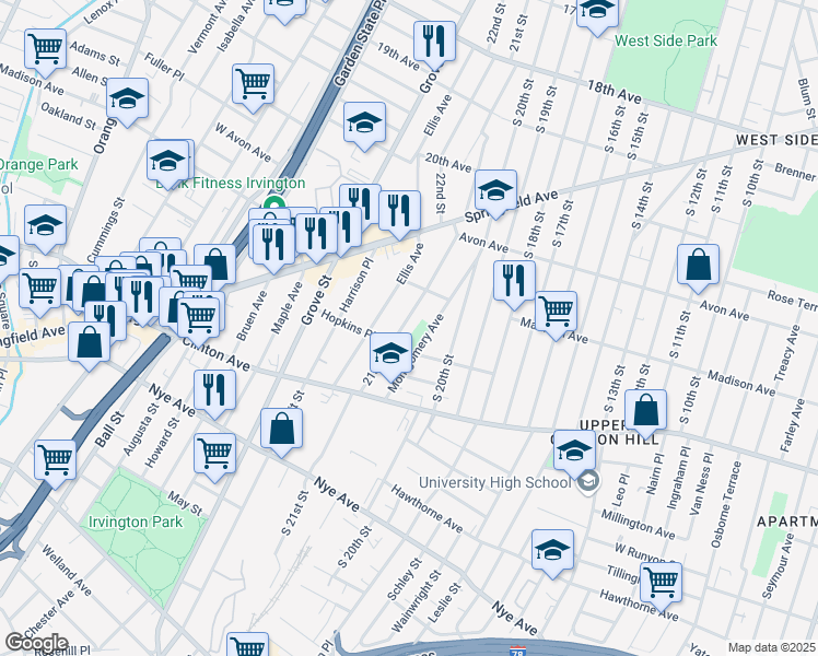 map of restaurants, bars, coffee shops, grocery stores, and more near 80 Ellis Avenue in Irvington