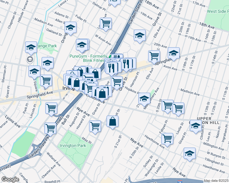 map of restaurants, bars, coffee shops, grocery stores, and more near 45 Maple Avenue in Irvington