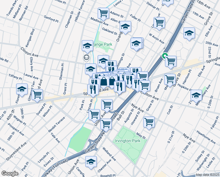 map of restaurants, bars, coffee shops, grocery stores, and more near 1015 Springfield Avenue in Irvington