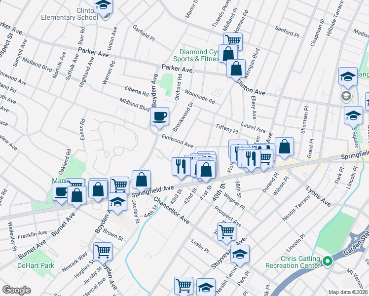 map of restaurants, bars, coffee shops, grocery stores, and more near 240 Elmwood Avenue in Maplewood