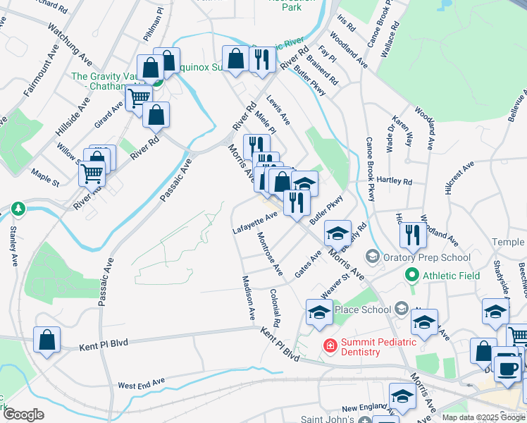 map of restaurants, bars, coffee shops, grocery stores, and more near 524 Morris Avenue in Summit
