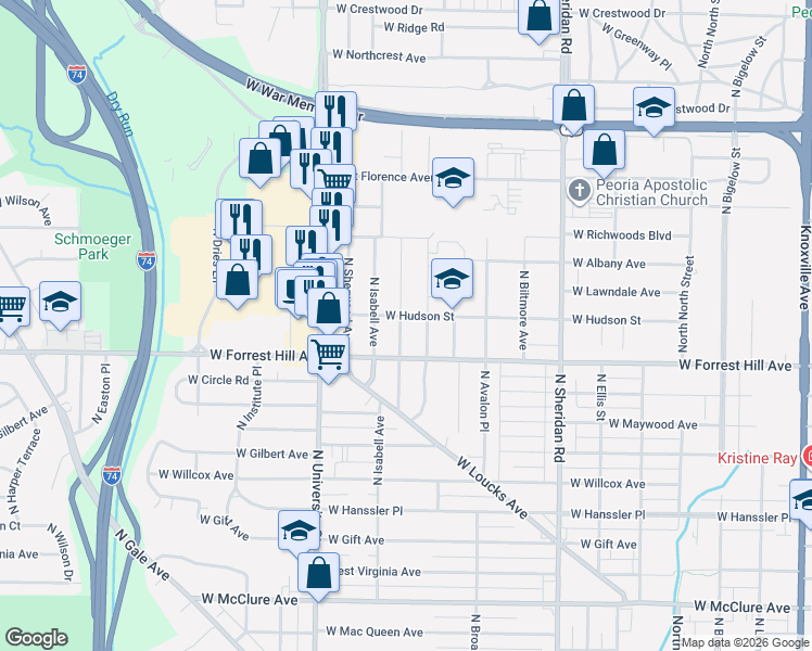 map of restaurants, bars, coffee shops, grocery stores, and more near 3203 North Parish Avenue in Peoria
