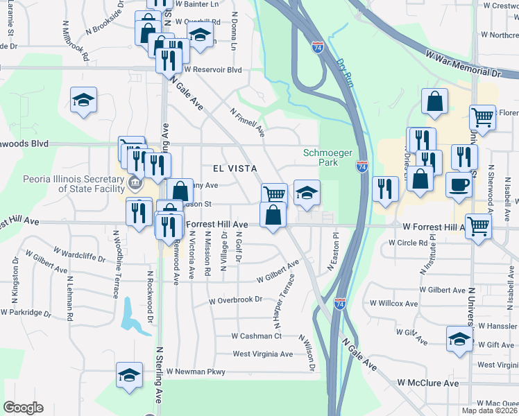 map of restaurants, bars, coffee shops, grocery stores, and more near 3206 North El Vista Avenue in Peoria