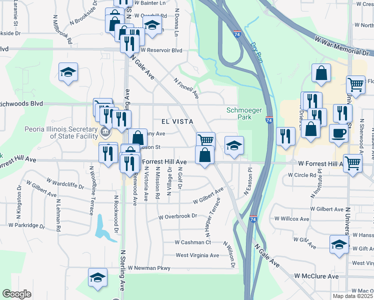 map of restaurants, bars, coffee shops, grocery stores, and more near 3206 North El Vista Avenue in Peoria