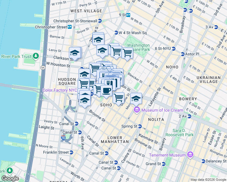 map of restaurants, bars, coffee shops, grocery stores, and more near 155-159 Sullivan Street in New York