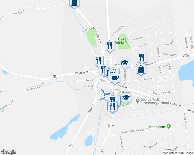 map of restaurants, bars, coffee shops, grocery stores, and more near 238 West Main Street in Bath