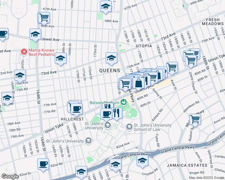 map of restaurants, bars, coffee shops, grocery stores, and more near 76-16 176th Street in Queens