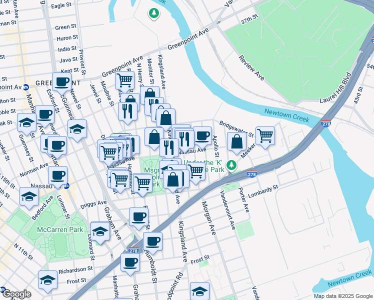 map of restaurants, bars, coffee shops, grocery stores, and more near 99 Sutton Street in Brooklyn