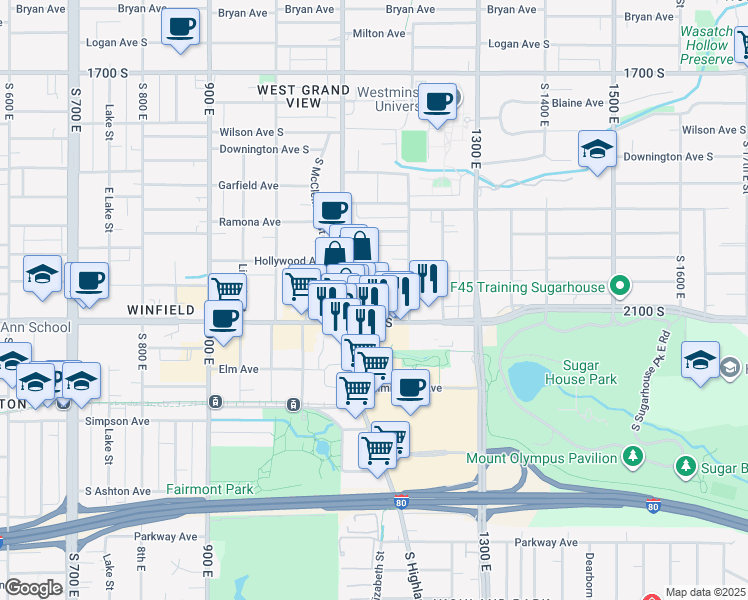 map of restaurants, bars, coffee shops, grocery stores, and more near 2074 Elizabeth Street in Salt Lake City