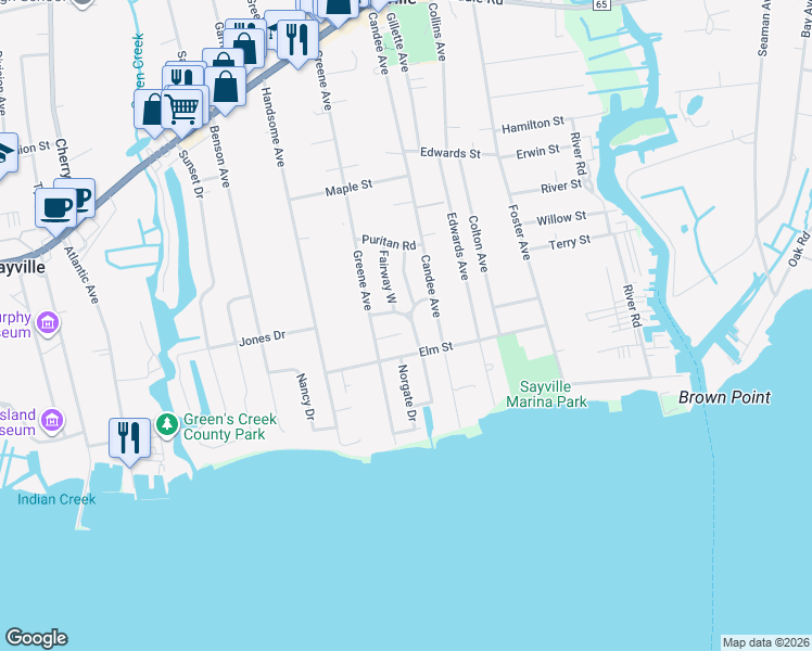 map of restaurants, bars, coffee shops, grocery stores, and more near 12 Wendover Road in Sayville