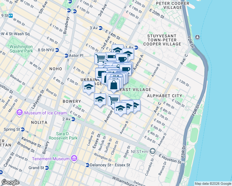 map of restaurants, bars, coffee shops, grocery stores, and more near 113 East 7th Street in New York