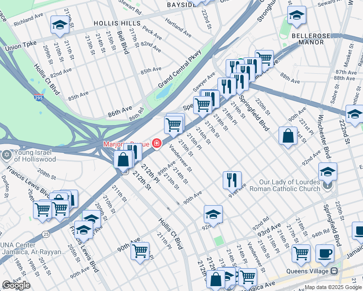 map of restaurants, bars, coffee shops, grocery stores, and more near 88-16 215th Place in Queens