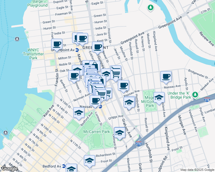 map of restaurants, bars, coffee shops, grocery stores, and more near 131 Norman Avenue in Brooklyn
