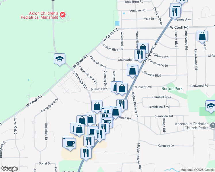 map of restaurants, bars, coffee shops, grocery stores, and more near 1885 Cunning Drive in Mansfield