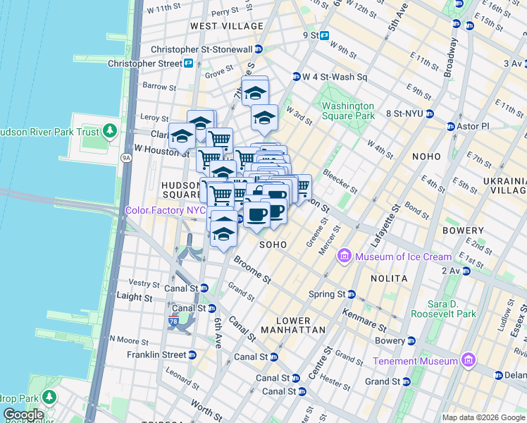 map of restaurants, bars, coffee shops, grocery stores, and more near 119 Sullivan Street in New York