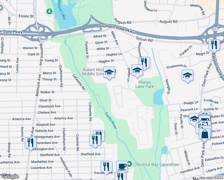 map of restaurants, bars, coffee shops, grocery stores, and more near 166 Alicia Drive in North Babylon